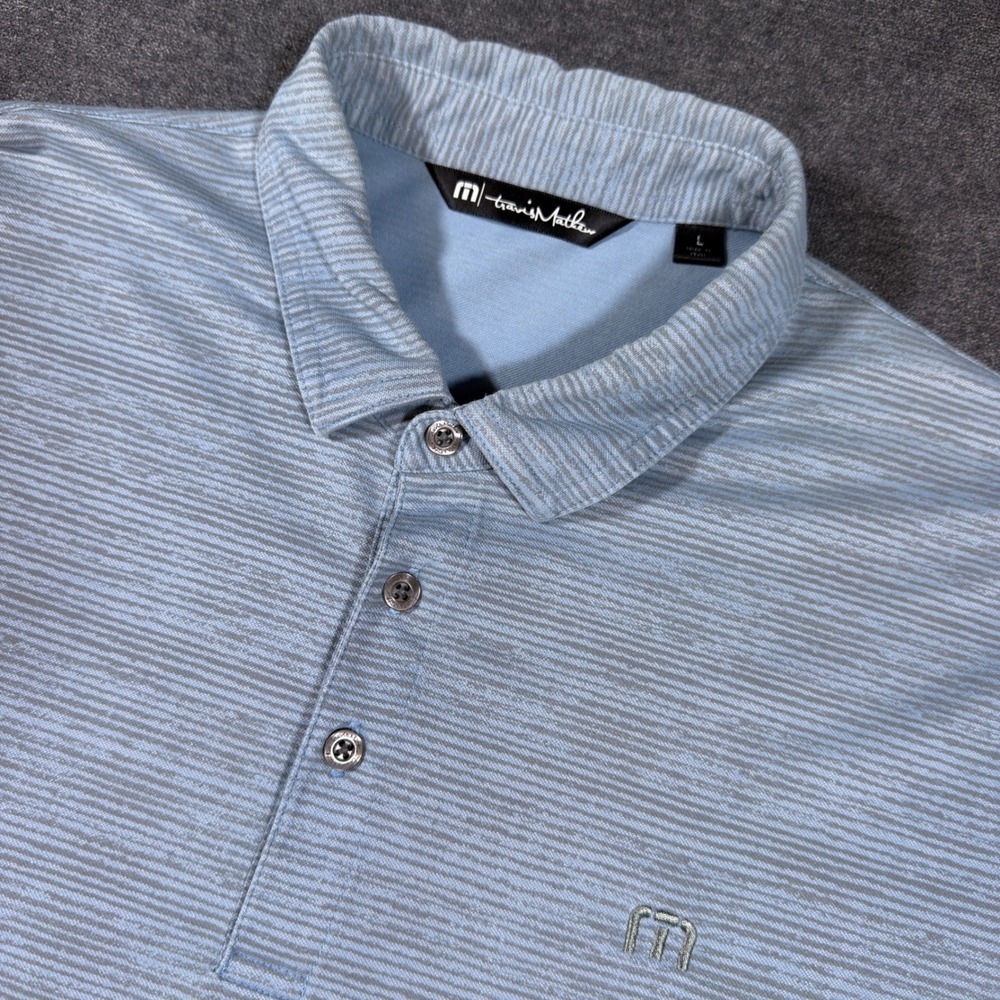 TravisMathew Polo Shirt Mens L Blue Striped Torrey Pines Golf Pima Cotton Blend